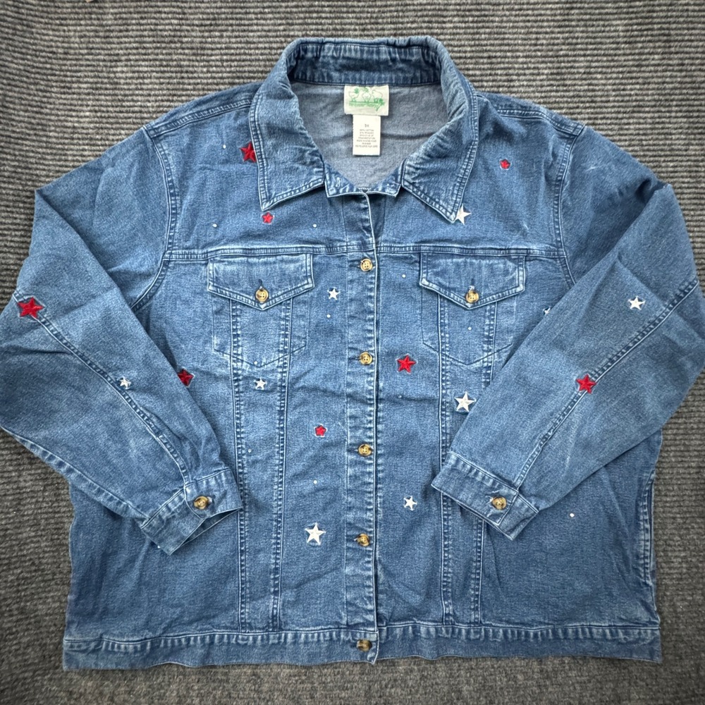 Quacker Factory Denim Shirt Women's 3X Blue Star Embroidered Rhinestone
